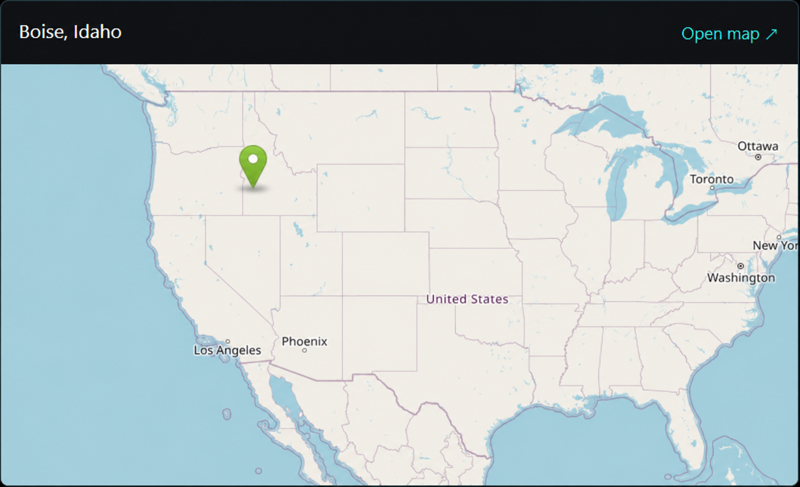 Map of the United States with a green location marker in Boise, Idaho